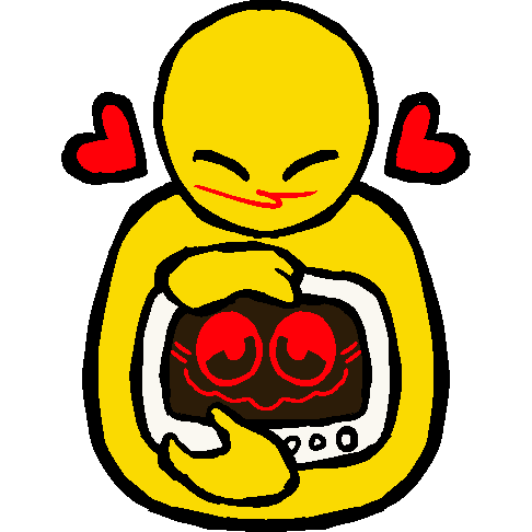 A yellow person that hold a TV with red flustered, blushing face on it. Next to the person theres hearts on each side.